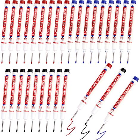 JSSEVN - 30 Pieces Deep Hole Markers, Long Tip Waterproof Pens, 22mm Fine Tip Carpenter's Marker Pen, Black Blue Red (1/5)