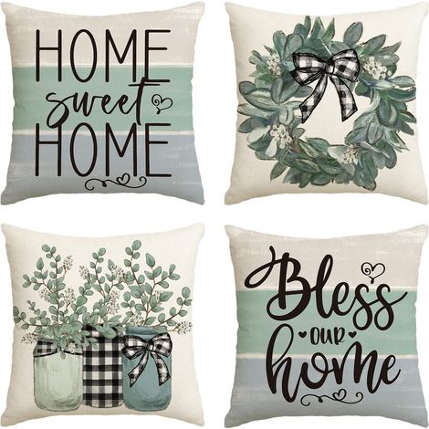 Housses de coussin « Autumn Sweet Home » motif couronne d'eucalyptus et d'oreille d'agneau — 18 x 18 pouces, lot de 4 (1/5)