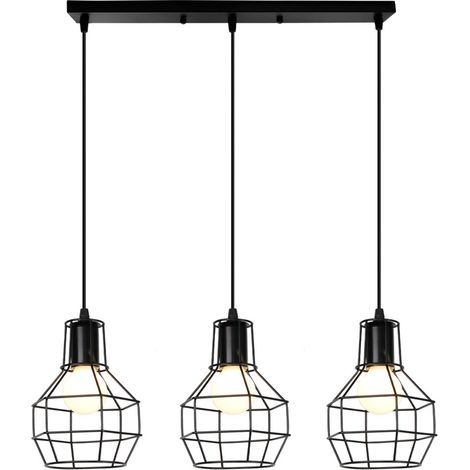 3 Lampes Suspension Luminaire Industrielle E27 Lustre Plafonnier Métal Lampe de Plafond Vintage pour Salon Cuisine Chambre Noir