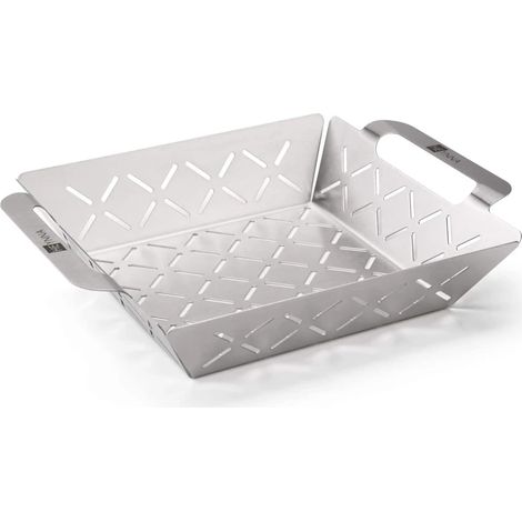 Ensemble d'ustensiles de barbecue ING, comprenant une poêle à griller carrée en acier inoxydable, un bac d'égouttage et un panier à griller. (1/2)