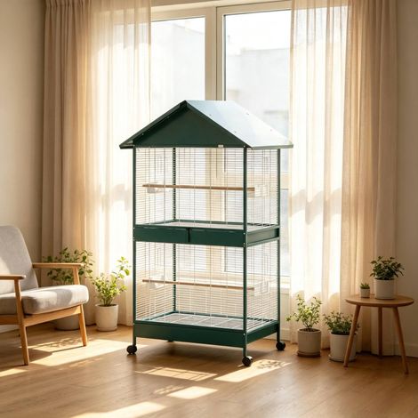 Cage à oiseaux sur roulettes avec séparateur amovible, 4 mangeoires, 2 perchoirs HAVRYA (1/5)