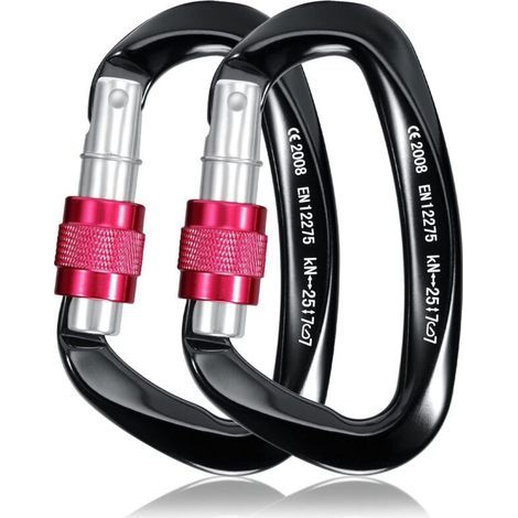 25 kN Kletterkarabiner, 2 Stück, hochbelastbarer D-förmiger Aluminium-Sicherheitskarabiner mit Verriegelung für Camping, Bergsteigen, Wandern, Rettungseinsätze, Angeln, Abseilen, Hängematten (Schwarz) (1/5)