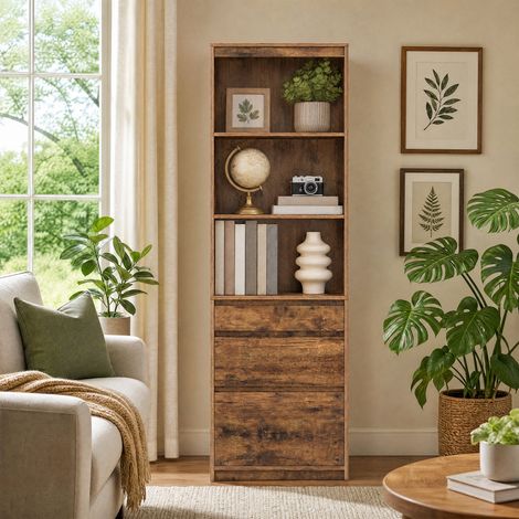 Meuble de Rangement, Buffet Haut avec Étagères Réglables et 3 Tiroirs, pour Bureau, Salon, Chambre, Marron