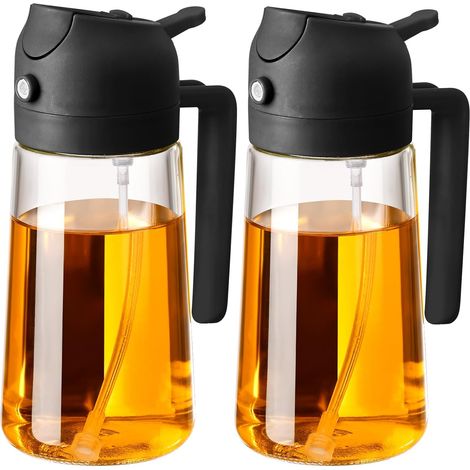 2Pcs 2 in 1 Ölsprüher zum Kochen, 470ml Glasölflaschen/Olivenöl Sprühflasche für Salat, Grillen und Heißluftfritteuse (Schwarz, Schwarz)