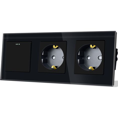 Interrupteur d'éclairage avec prise 1 compartiment 1 voie avec 2 prises - Plaque en verre - Interrupteur encastré avec prise - 86 x 228 mm - Noir (1/5)