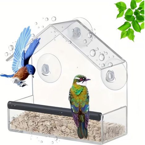 Mangeoire à Oiseaux pour Fenêtre Transparent, Cabane Oiseaux Extérieur en Acrylique avec Ventouses et Bandes Adhésives, pour Jardin et Oiseaux comme Merles Bleus et Pinsons (1/5)