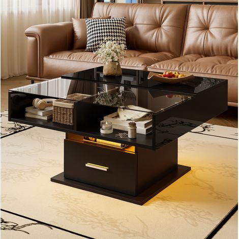 Mesa de centro elevable 78x78x45.5/59.5 cm negra en tablero de partículas con LED y almacenamiento (1/5)