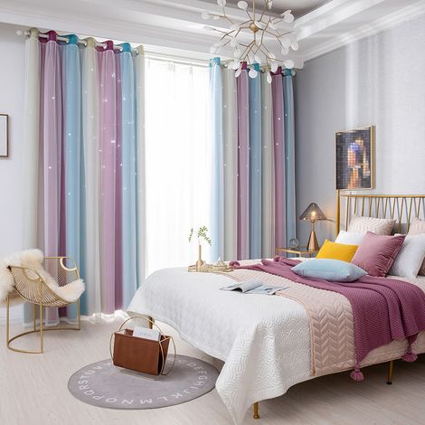 Rideaux à étoiles occultants pour chambre d'enfant, chambre de fille, salon, rideaux à étoiles colorés à double couche, 2 panneaux (53''L x 108''H, violet) (1/5)