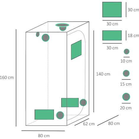 Tente de culture hydroponique en tissu Oxford 600D, pour une utilisation en intérieur. Elle est équipée de 5 trous de ventilation réglables, de fenêtres et de passe-câbles. Dimensions : 80 x 80 x 160  (1/5)