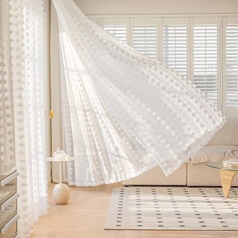 BUNTHAUS L132 x H160 cm Rideaux Voilage Blanc de Style Bohème, Lot de 2 Touffetés à Pompons Brodé Design pour Salon Chambre d'enfant