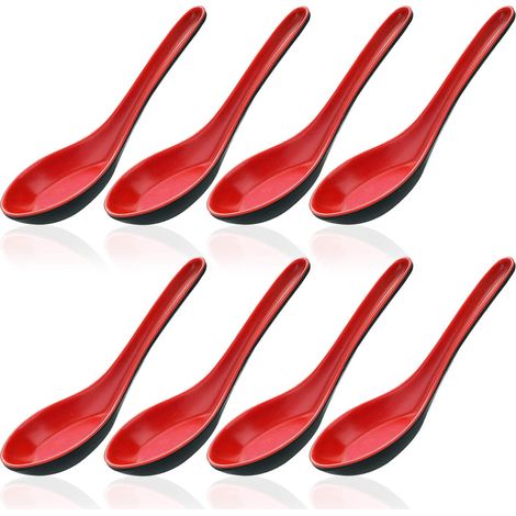 Lot de 8 tasses à cuillère à crochet bicolores en mélamine imitation porcelaine noire et rouge, style asiatique