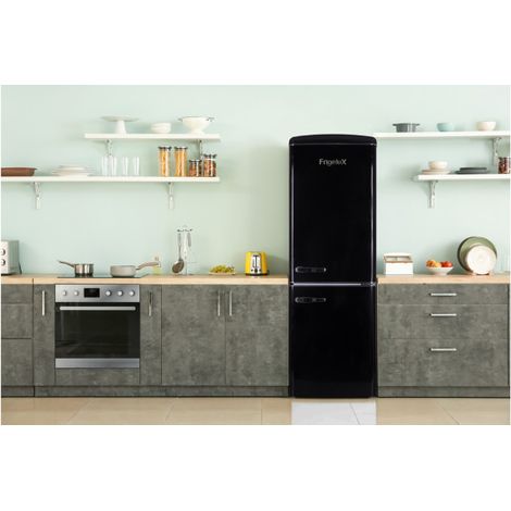 Réfrigérateur combiné rétro noir 244L – Congélateur bas 63L – Froid statique – Dégivrage automatique – Largeur 55cm – Classe énergétique E – Frigelux (1/2)