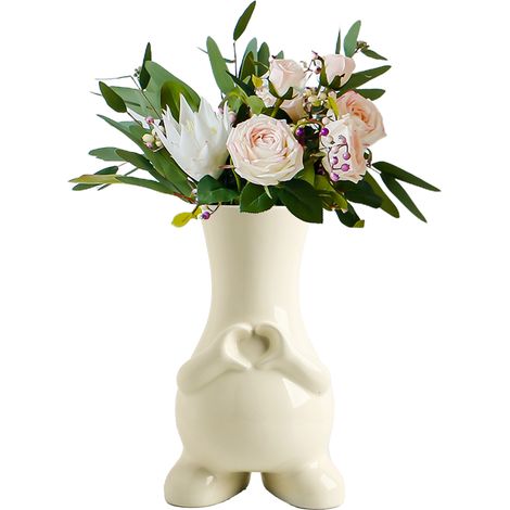 Jarrón escultural en forma de corazón, hecho de cerámica color vainilla con decoración de gestos de manos de dibujos animados, ideal para elegantes arreglos florales en la sala de estar y la mesa del (1/5)