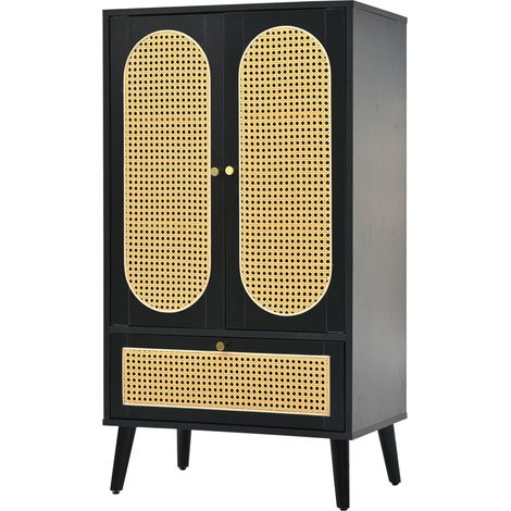 Kompakte schwarze Kommode in Rattan-Optik 60 x 40 x 110,5 cm, 2 Türen, 1 Schublade, MODENUIT (1/5)