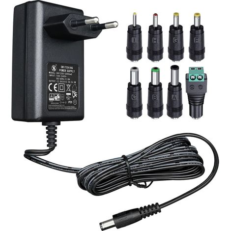 Adaptateur d'alimentation 12 V 2 A 1,8 m, Adaptateur de Commutation CA CC (entrée 100-240 V, Sortie 12 V 2 A), Prise de transformateur à Montage Mural avec 8 Prises interchangeables