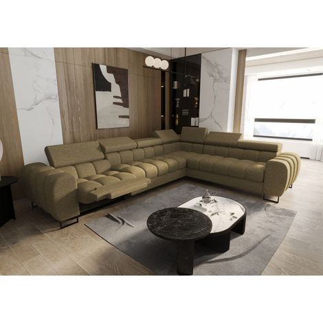 Ecksofa Schlafsofa BASTIEN RELAX in Stoff Aragon Olivgrün Ottomane Rechts