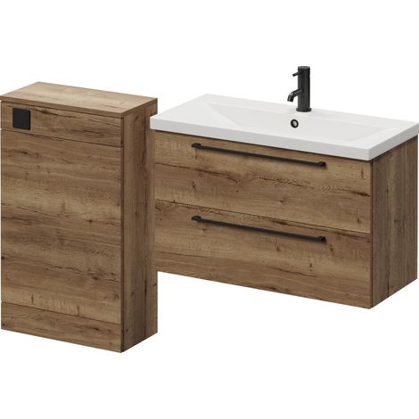 Napoli 390 Tobacco Oak 1300mm Wall Mounted 2 Drawer Vanity Unit and Toilet Suite with Glide Basin - 1300mm - Matt Black 480mm HandleWithout Kingston Toilet Pan