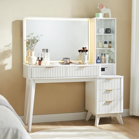 Coiffeuse Table de Maquillage Grande avec Miroir LED + USB + Prise + Fiche, 5 Tiroirs + Plateau en Verre (122×40×137 cm), Stabil pour Chambre, Panneau de particules, Blanc (1/5)
