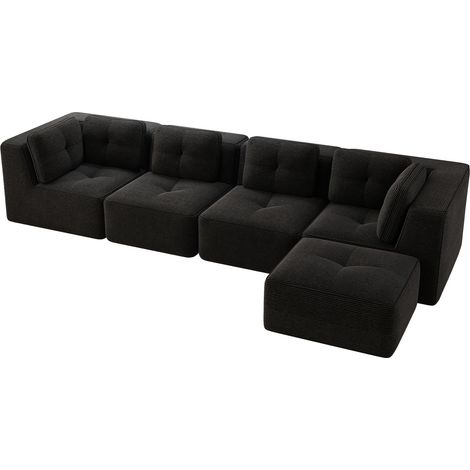 CHICFURN Sofá modular 4 plazas 386 x 177 cm de pana negro sin montaje para salón (1/5)