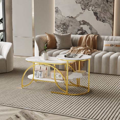 Tavolino basso, Tavolino da soggiorno, Tavolino a nido, Tavolino basso versatile e compatto – Design moderno e funzionale, Perfetto per soggiorno o piccoli spazi, Oro e bianco