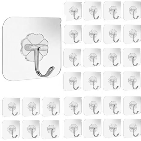 30 Pièces Crochet Adhésif, Transparent Pour Accroche Salle de Bain 15kg (max), Crochet Adhésif pour Maison, Cuisine, Salle Bain,Serviettes, Peignoirs et Vêtements