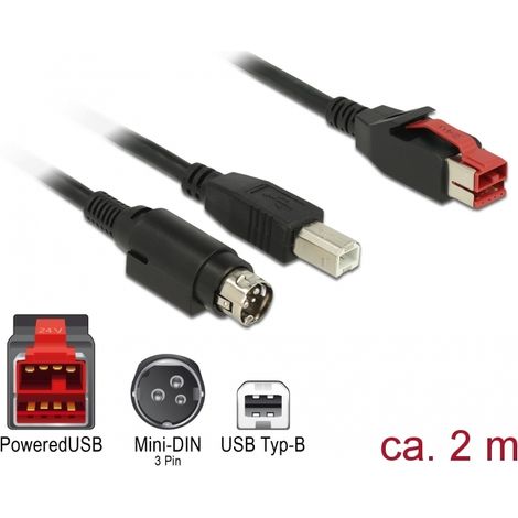 Delock PoweredUSB cable macho 24 V USB Tipo-B macho + Hosiden Mini-DIN de 3 pines, macho de 2 m para impresoras y terminales de punto de venta
