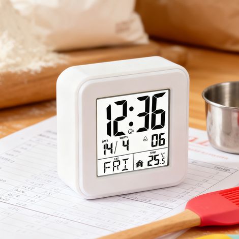 Lot de 4 réveils numériques radio-pilotés DCF avec température, date, grand écran clair et snooze, parfaits pour maison, chambre et bureau – blanc (1/5)