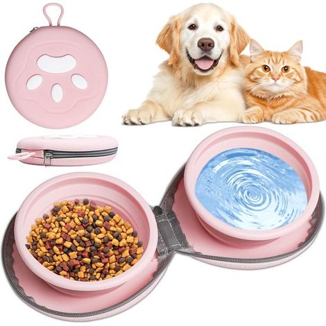 Faltbarer, rosafarbener Doppelnapf für Haustiere (2 x 450 ml) mit Aufbewahrungstasche – Reisenapf für Wasser und Futter, für Hunde und Katzen