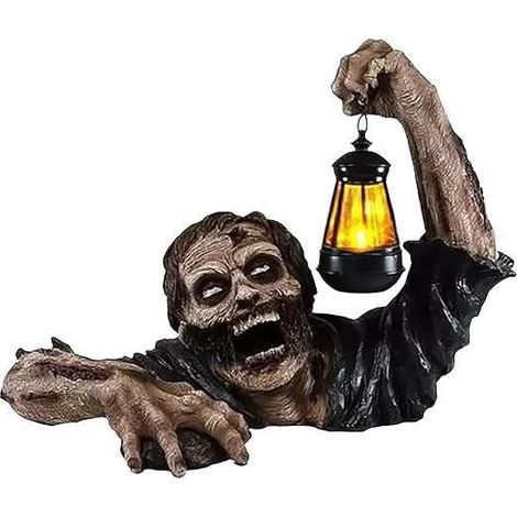 Statue de zombie d'Halloween - modèle effrayant - Lanterne LED - Résine durable - Blanc - Intérieur/Extérieur