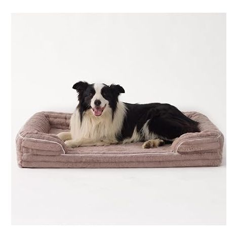 Panier pour Chien de Taille Moyenne - Café (90 x 60 x 17 cm) Lit Orthopédique Déhoussable en Fausse Fourrure, Coussin Lavable avec Doublure Imperméable (1/5)