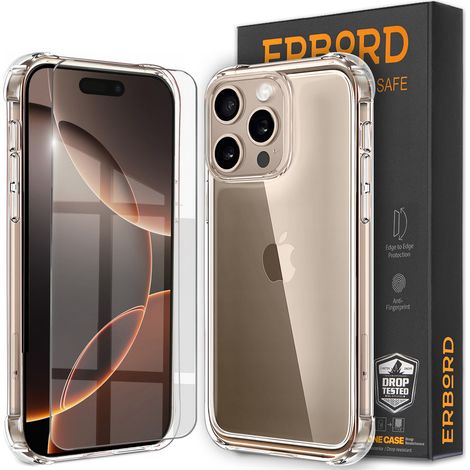 Custodia per iPhone 16 Pro, Erbord antiurto, trasparente + vetro (1/5)