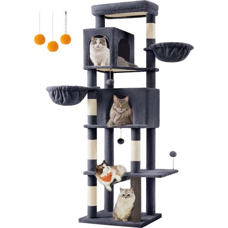 Tiragraffi per gatti torre per gatti alta 175 cm rifugio per gatti a più livelli con 2 nicchie 2 cestini 5 tiragraffi trespolo autopulente amaca grigio scuro 120003887