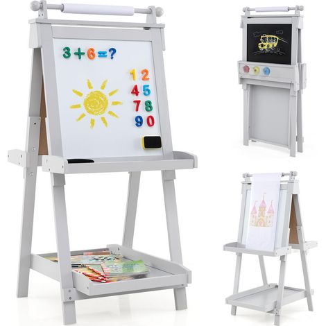 Pour 2 enfants, dessin simultané avec chevalet pliable, tableau noir et blanc magnétique avec rouleau papier (1/5)