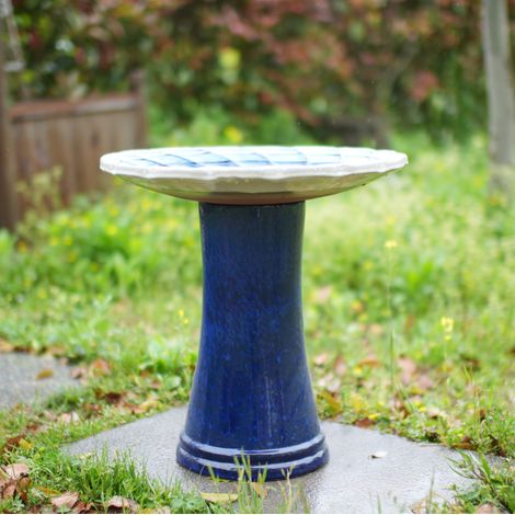 Bagno per uccelli in ceramica, Ø 43 cm, altezza 45 cm, blu e bianco HAVRYA (1/5)