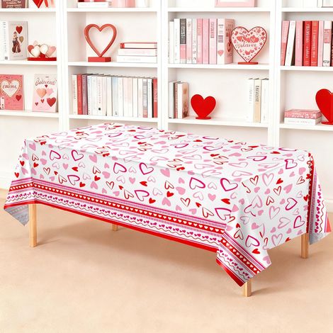 Lot de 3 nappes pour la Saint-Valentin, nappes jetables roses en forme de cœur, rectangulaires 137x274cm avec décorations en plastique rose. (1/5)
