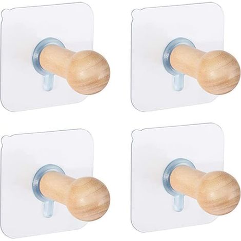 Lot de 4 crochets muraux autocollants en bois naturel, crochets décoratifs pour manteaux, patères murales de rangement (1/5)