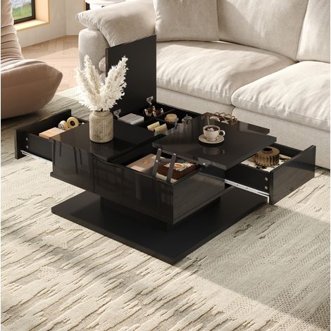 Mesa de centro elevable (72x72x35 cm), con tapa abatible, cajones, luz LED APP, MDF y aglomerado negro (1/5)