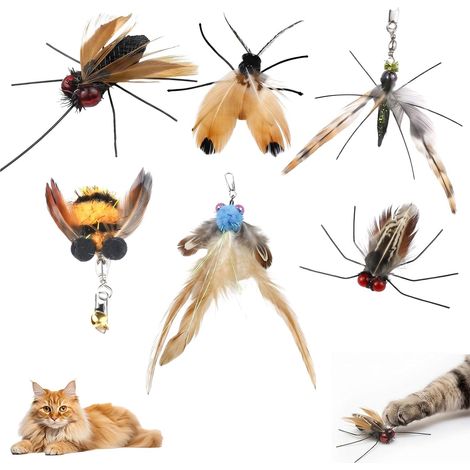 Lot de 6 Recharges de Jouets pour Chat - Insectes et Plumes de Rechange pour Plumeau Chat - Jouet Interactif Anti Ennui avec Clochette - Papillon, Abeille, Scarabée - Accessoire Canne à Pêche (1/5)