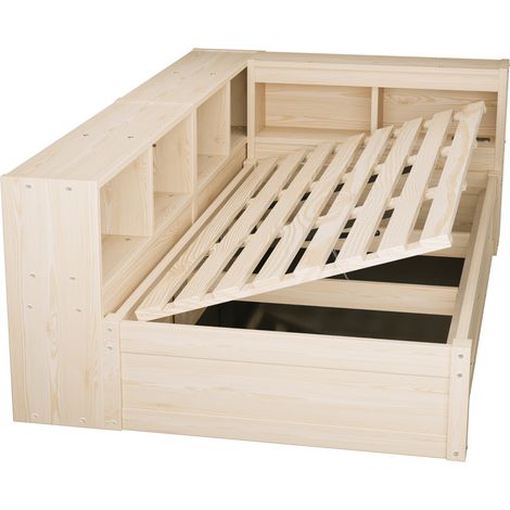 Letto multifunzione 90 x 200 cm in MDF con presa, LED e contenitori, effetto legno naturale (1/5)