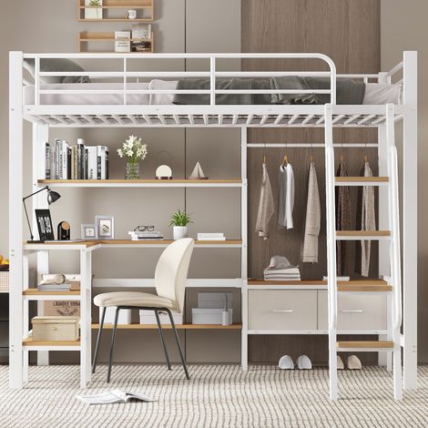 Lit mezzanine en métal 90x200 cm avec bureau, étagères et 2 tiroirs de rangement en tissu, escalier inclinée à 4 niveaux, lit simple - Blanc et naturel