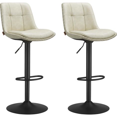 Tabourets de Bar, Lot de 2, Chaise de Cuisine, Siège Pivotant à Hauteur Réglable, Matelassé, en PU, avec Dossier et Repose-Pieds, Salle à Manger, Comptoir, Acier, Blanc crème LJB095W101 (1/5)