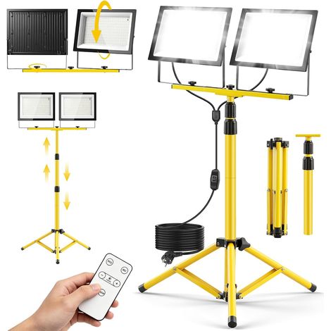 Projecteur de chantier LED - 20 000 lumens - Double 2 x 200 W - Avec trépied - 432 LED - Projecteur de travail télescopique réglable de 1,84 m - Câble de 5 m - IP66 - Lampe de travail pour (1/5)