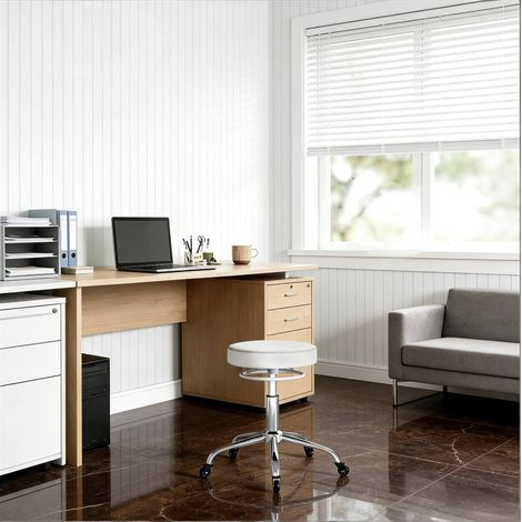 Tabouret de bureau 49x49x46-58 cm blanc en métal et PU réglable en hauteur pivotant avec roulettes (1/5)
