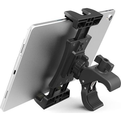 Support de tablette rotatif avec fixation pour guidon, compatible avec les tapis de course et les vélos d'appartement, noir. (1/5)