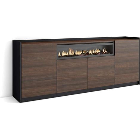 Aparador Álora-01 de 207x80x37 cm con 4 puertas, chimenea y luces LED, color roble oscuro y negro (1/4)