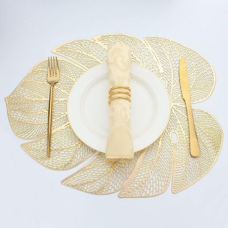 Lot de 6 sets de table en vinyle en forme de feuille pour table à manger, sets de table en plastique métallisé faciles à nettoyer, couleur or, 45 x 35 cm.
