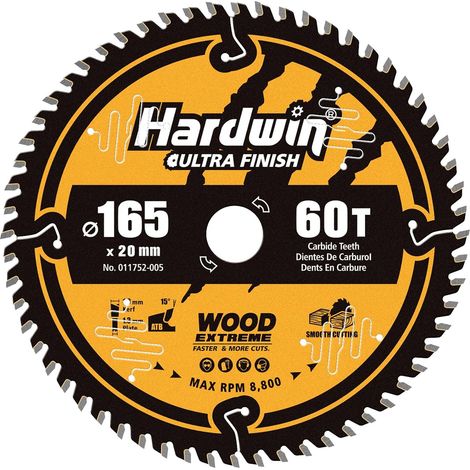 Lame de Scie Circulaire 165x20mm 60 Dents Carbure, Finition Extra Fine, Trait 1.8mm, 8800 RPM, pour Bois Dur et Stratifié, Alésage 20mm (Bague de Réduction 16mm Incluse) (1/5)