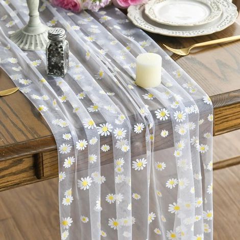 Camino de mesa,75 x 300 cm,Malla transparente y tul,Estampado floral (margaritas),Ideal para bodas y banquetes,Adecuado para reuniones familiares (1/5)