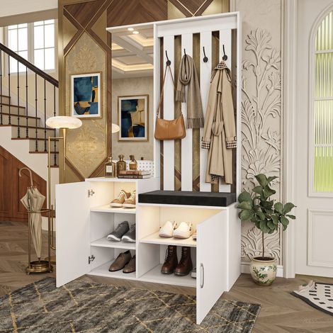 Creahappy Meuble d'Entrée Vestiaire avec Miroir et Banc à Chaussures 180x100x40 cm - Gain de Place - Portemanteau Multifonction Blanc (1/5)