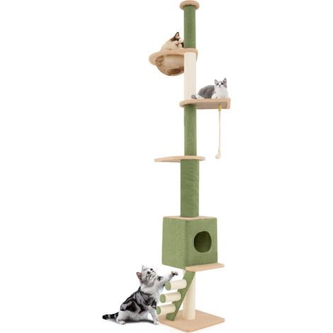 Albero per gatti da pavimento a soffitto con altezza regolabile 218-253cm, Centro attività con 5 livelli per gatti Verde (1/5)